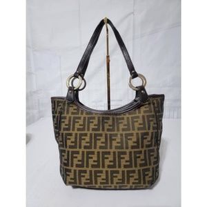 Authentic Fendi Tobacco Zucca Chef Moro  Canvas And Leather  Tote Bag